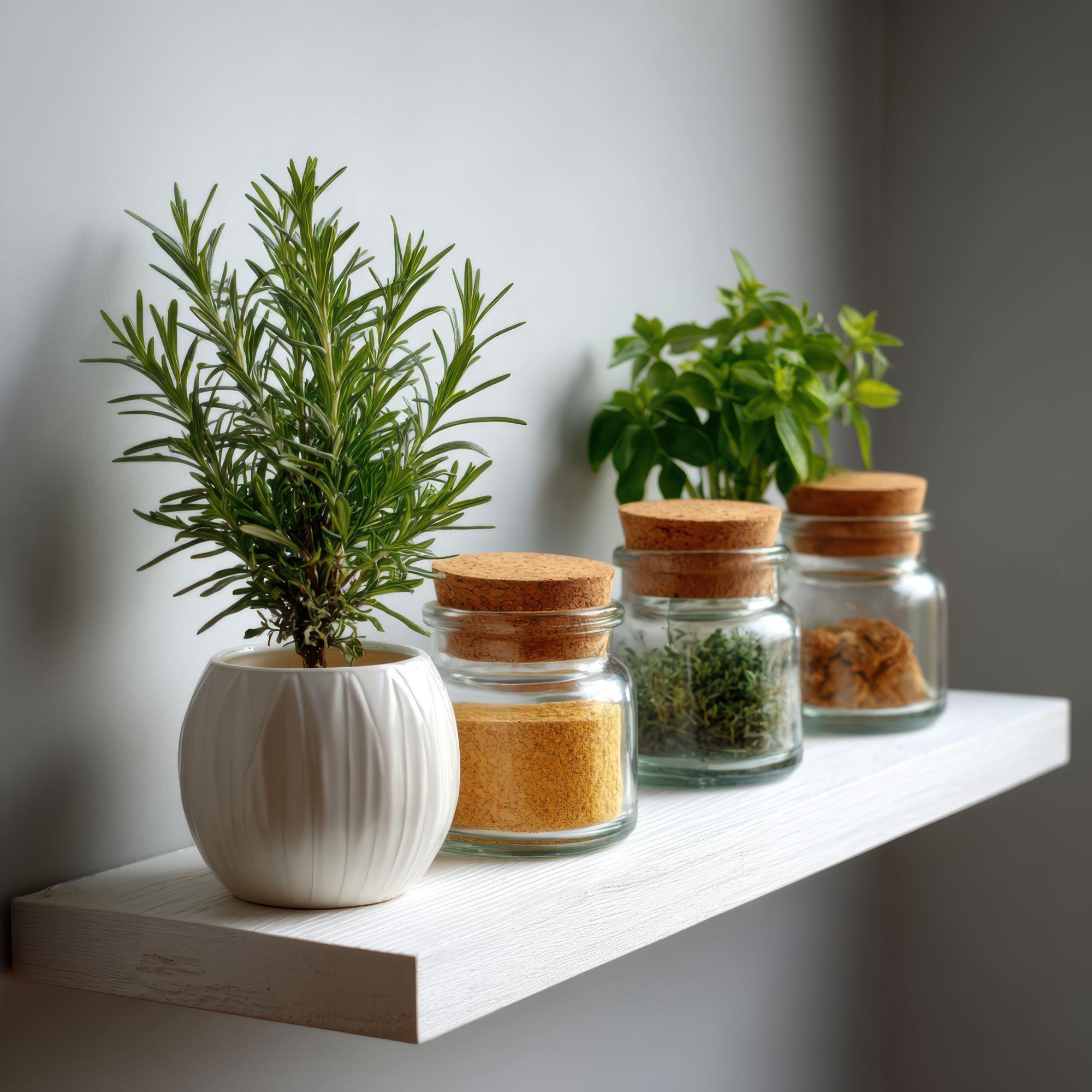 studio shelf with jars and a mortar