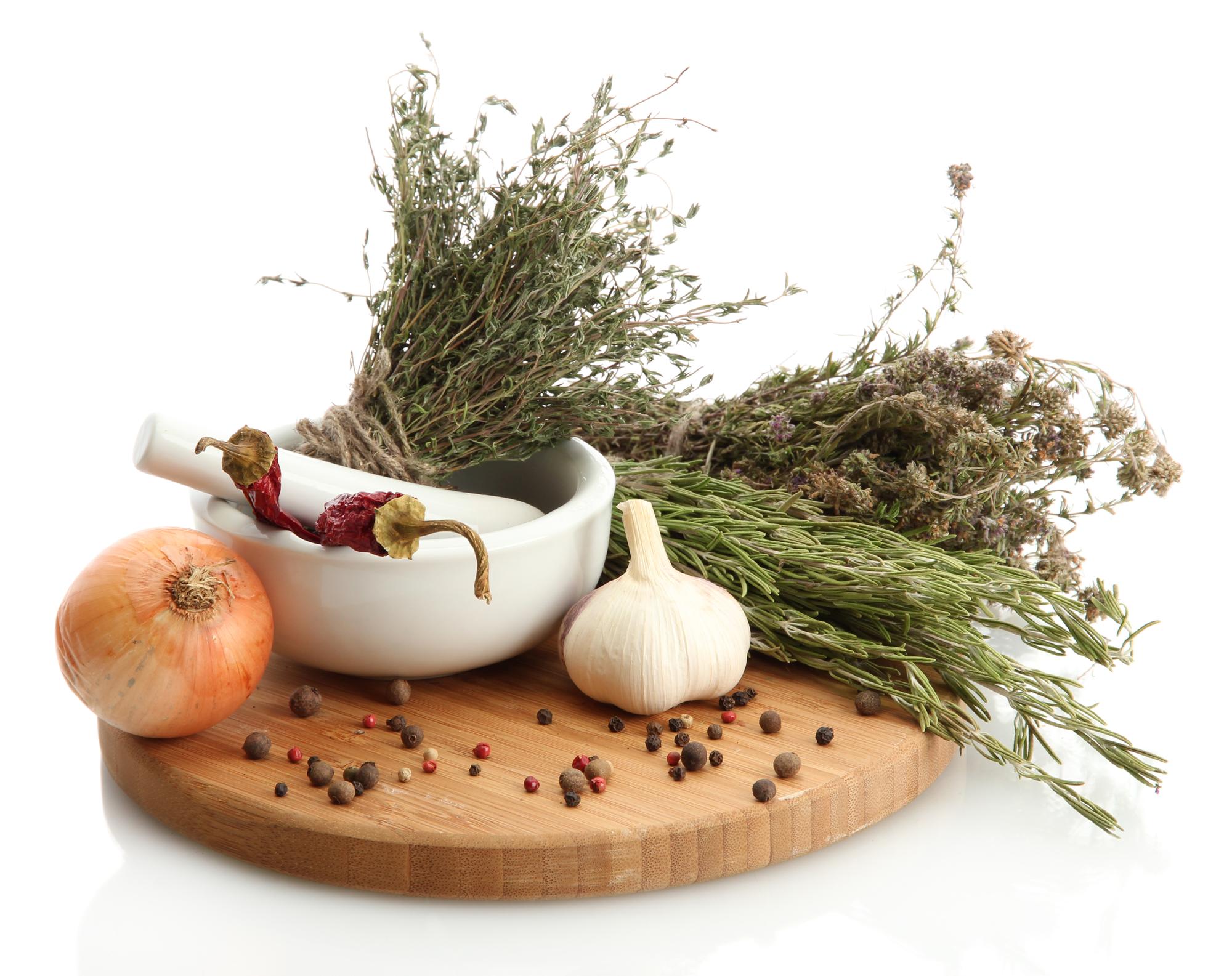 studio counter with herbs and utensils